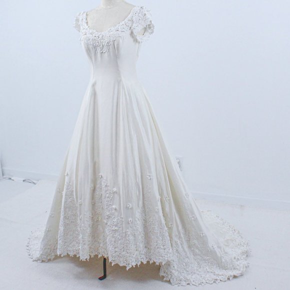 Wedding Dress Vintage 70s 4 6 Floral Lace Princess Gown White Boho Full A-line - Picture 2 of 14
